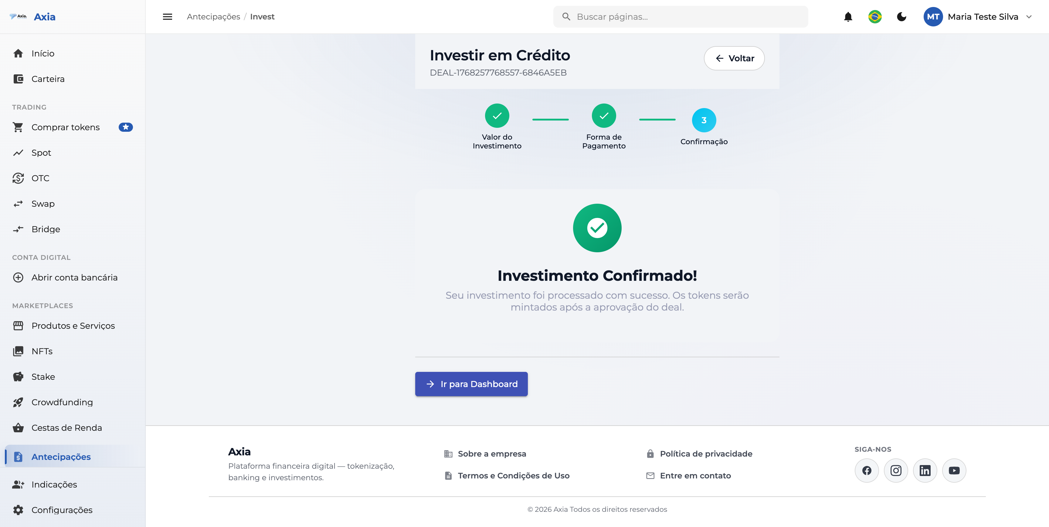 Investimento confirmado