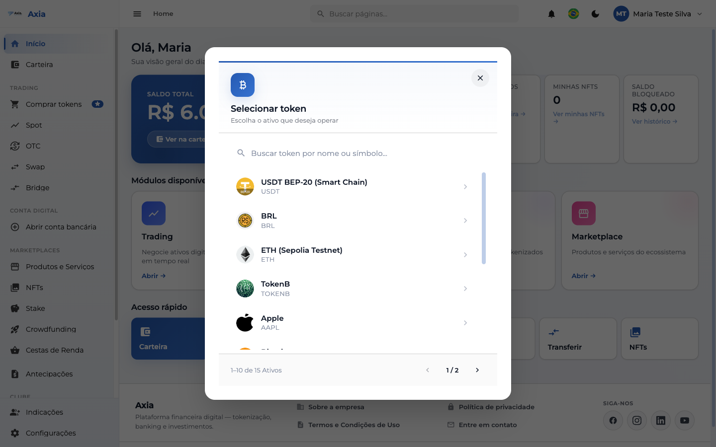 Selecionar o token para depósito