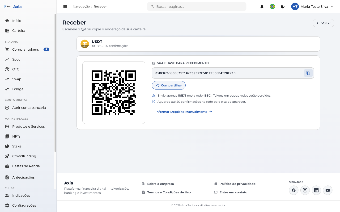 Endereço e QR Code para recebimento