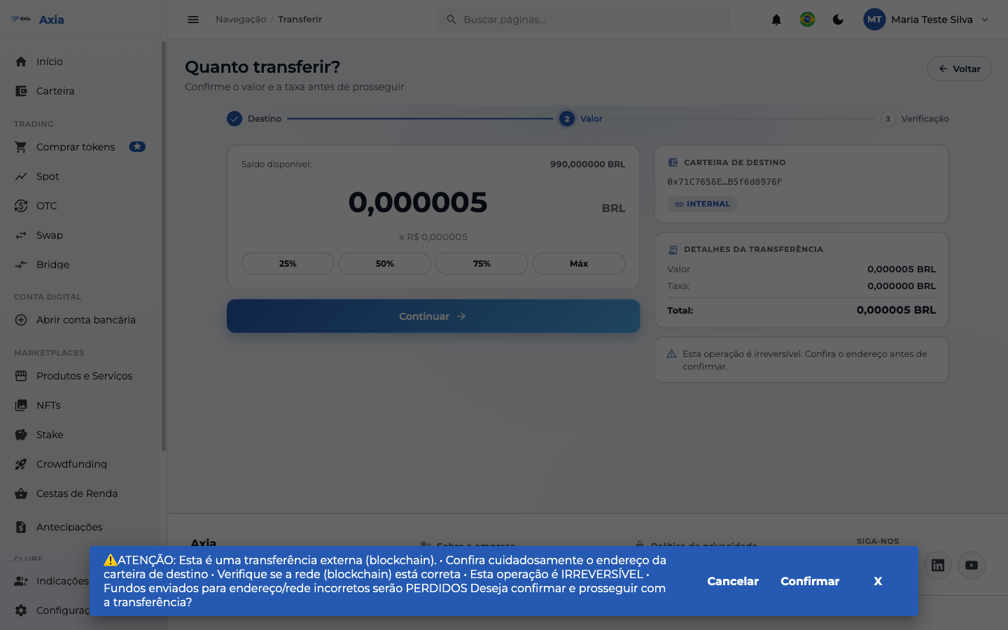 Valor e aviso de irreversibilidade