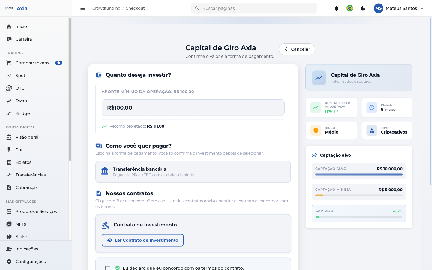 Checkout do investimento