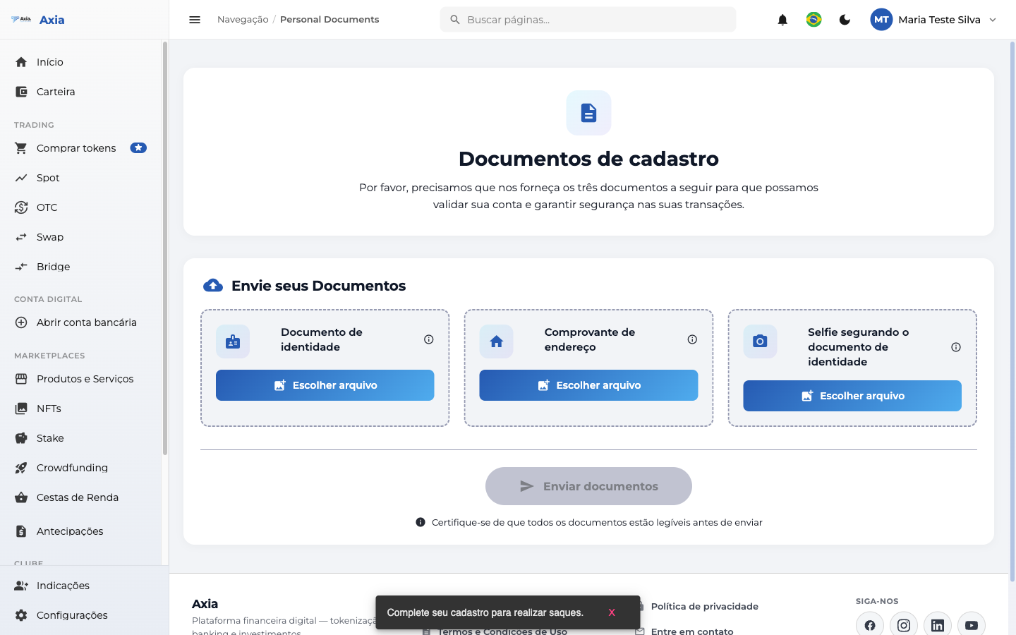 Tela de envio de documentos