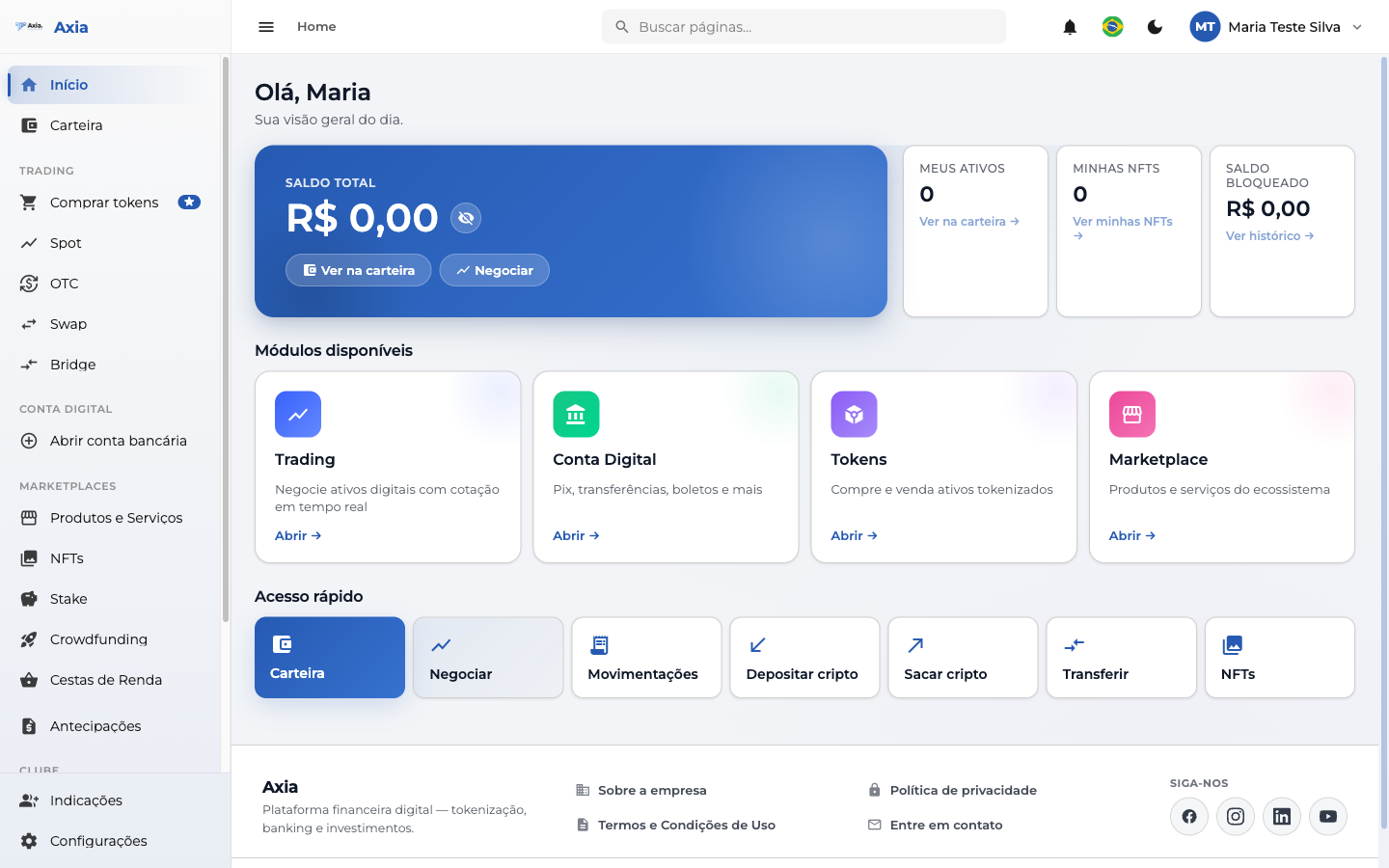 Tela inicial após o login