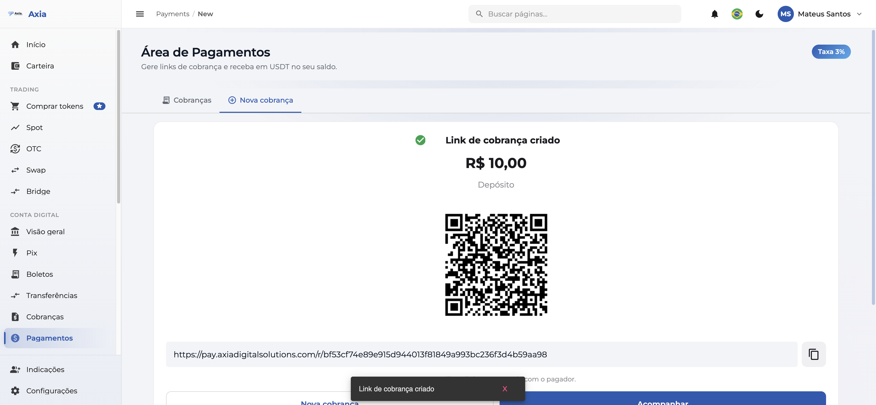Link e QR Code gerados