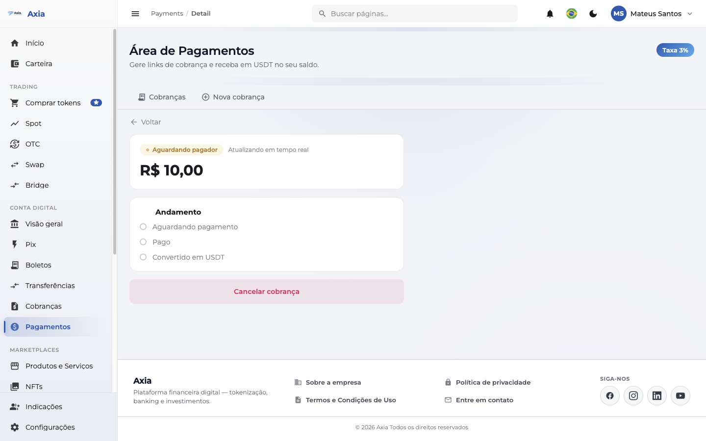 Detalhe da cobrança com a linha do tempo