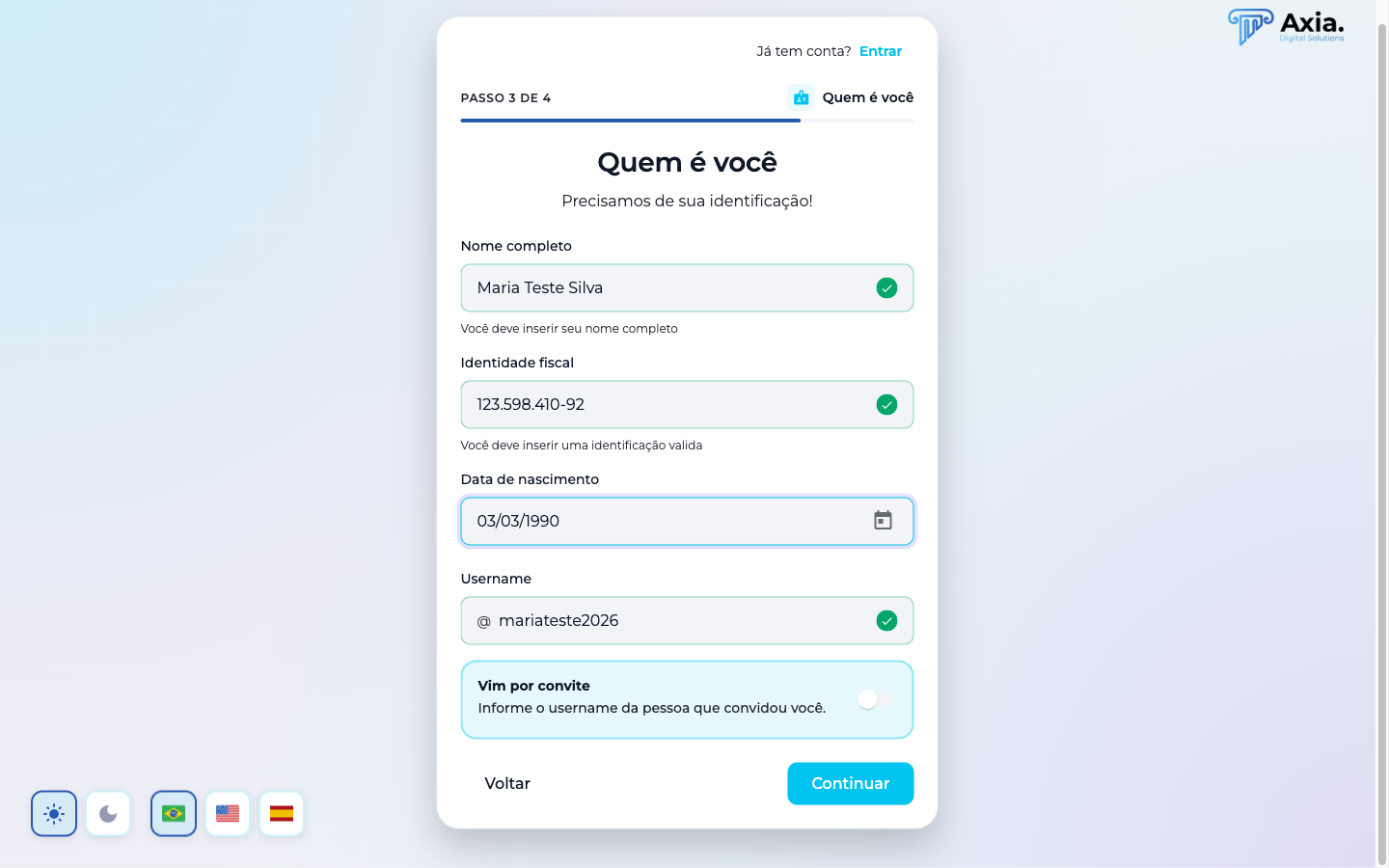 Formulário de identificação preenchido