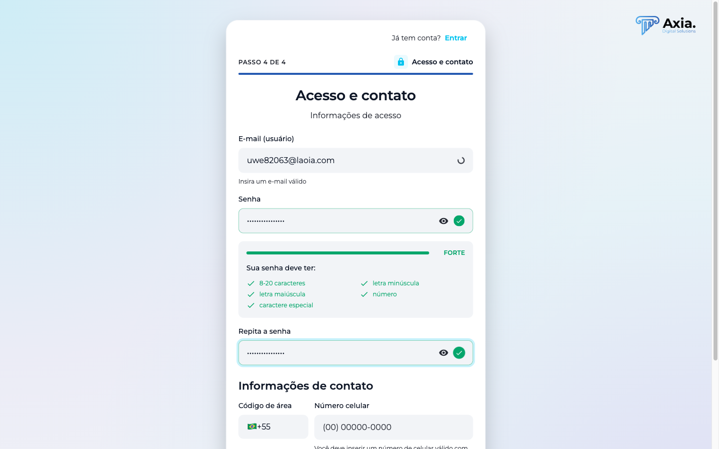 Definição de e-mail e senha com checklist de força