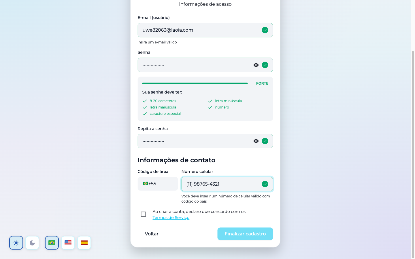 Informações de contato e aceite dos termos