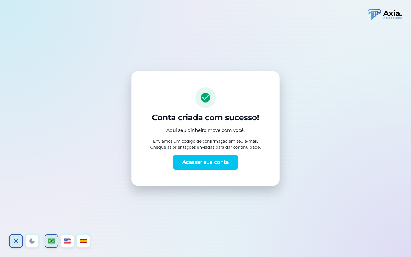Tela de confirmação: conta criada com sucesso