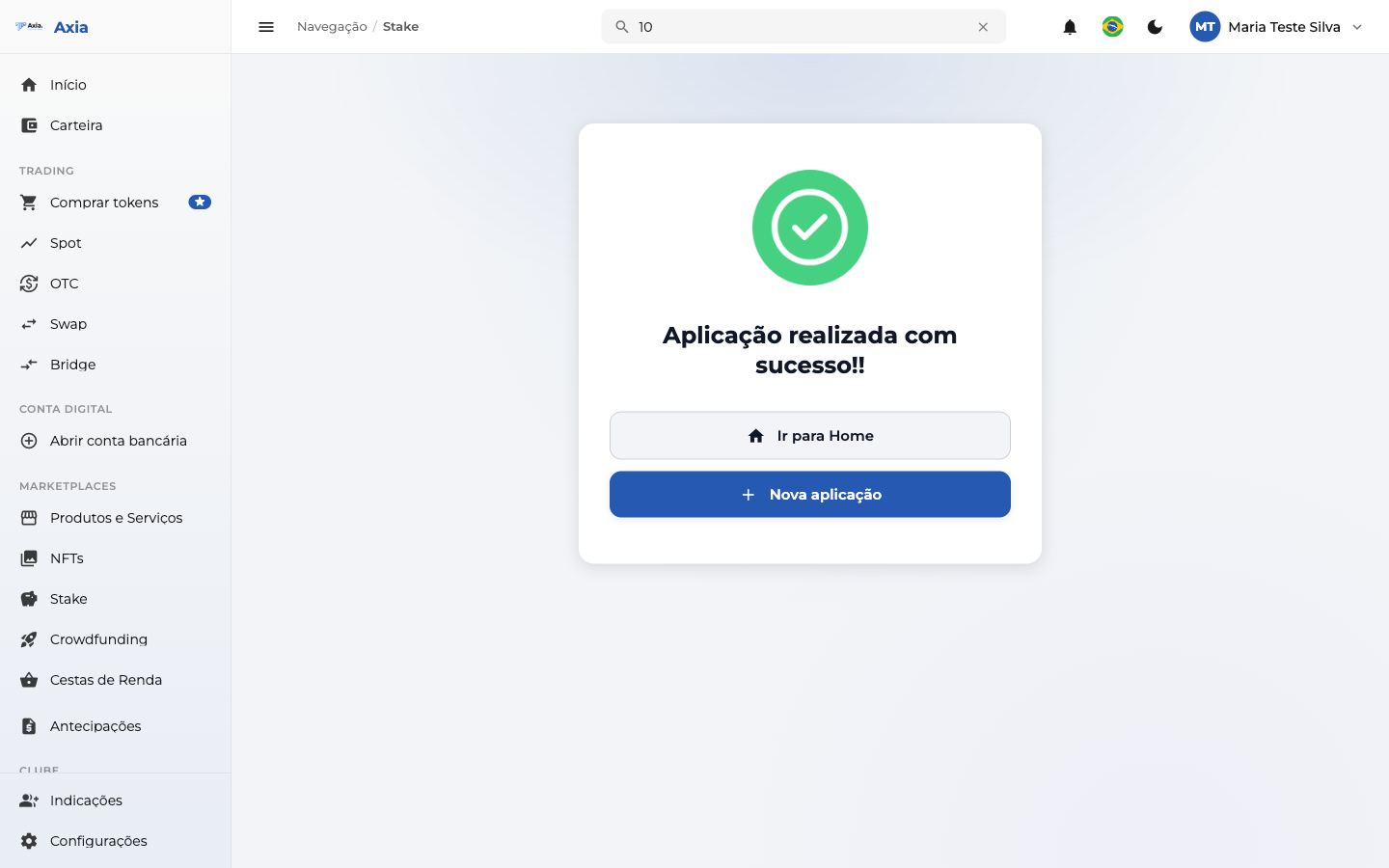 Aplicação de staking realizada com sucesso