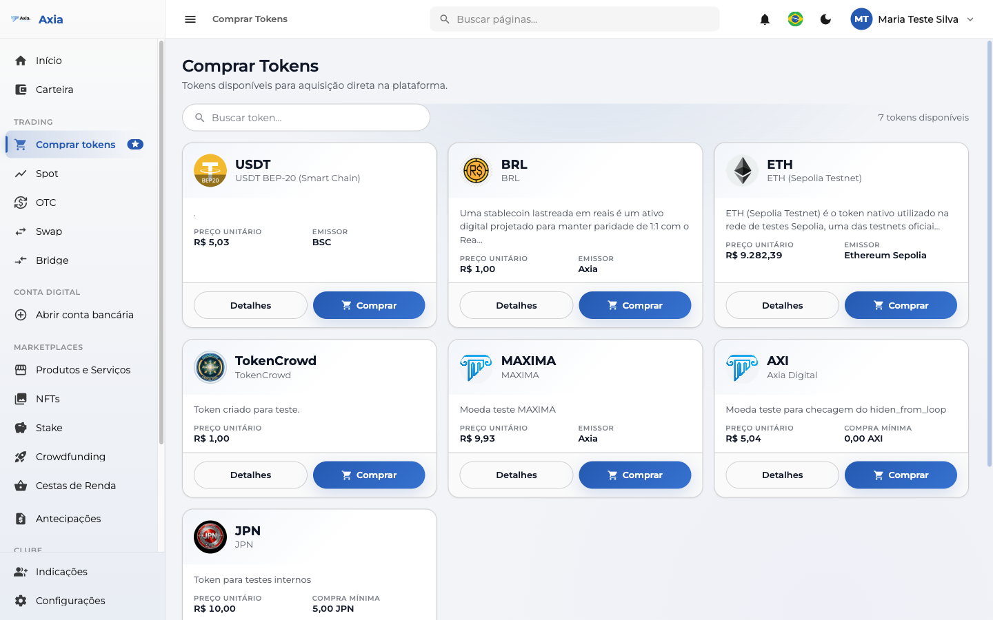 Catálogo de tokens para compra direta