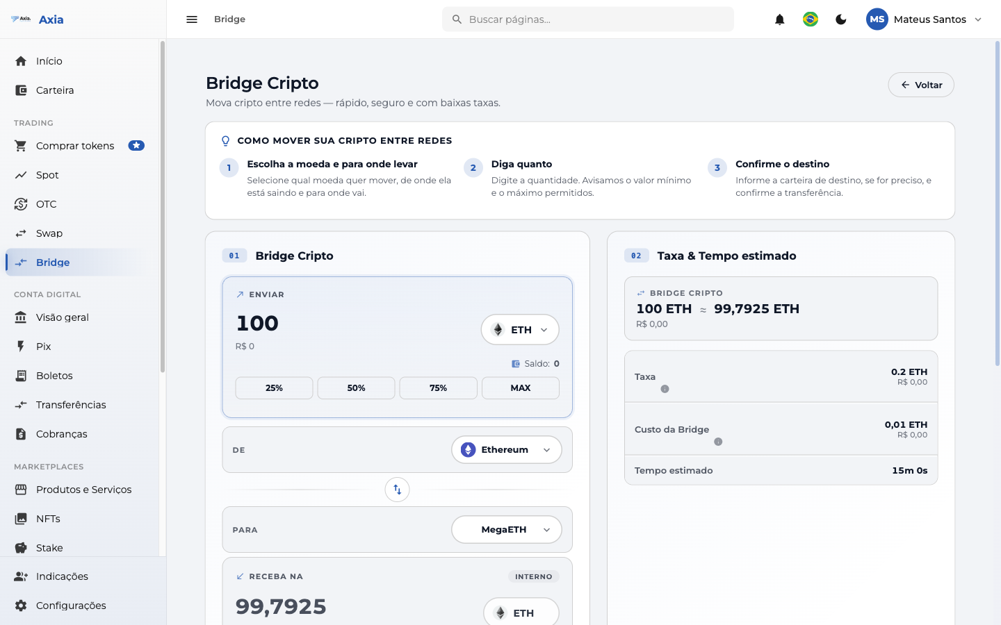 Bridge preenchido com taxa e tempo estimado
