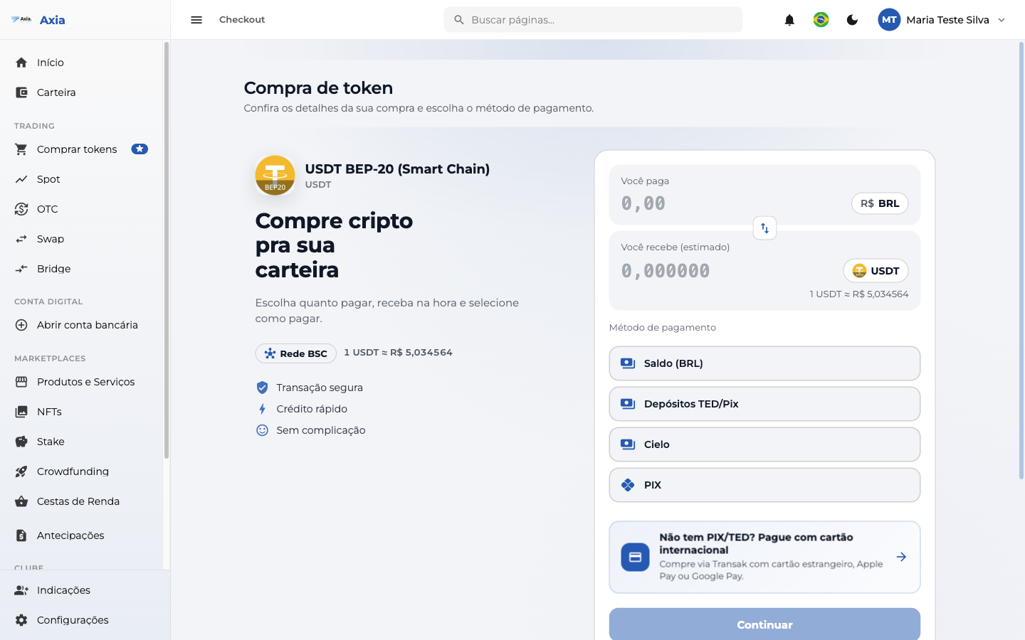 Checkout da compra de token