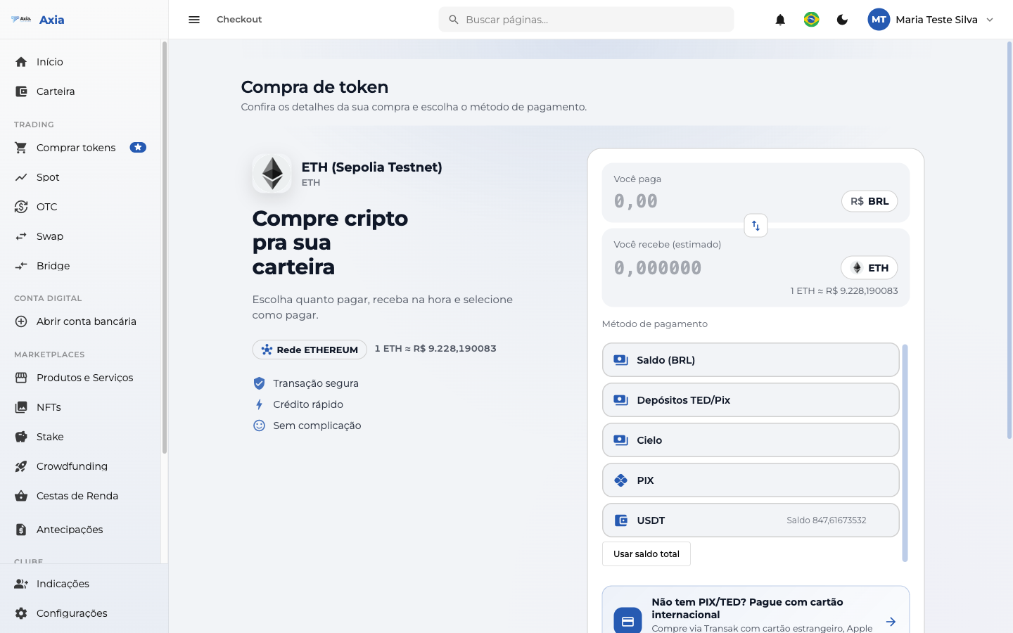 Pagamento com cripto (USDT) no checkout