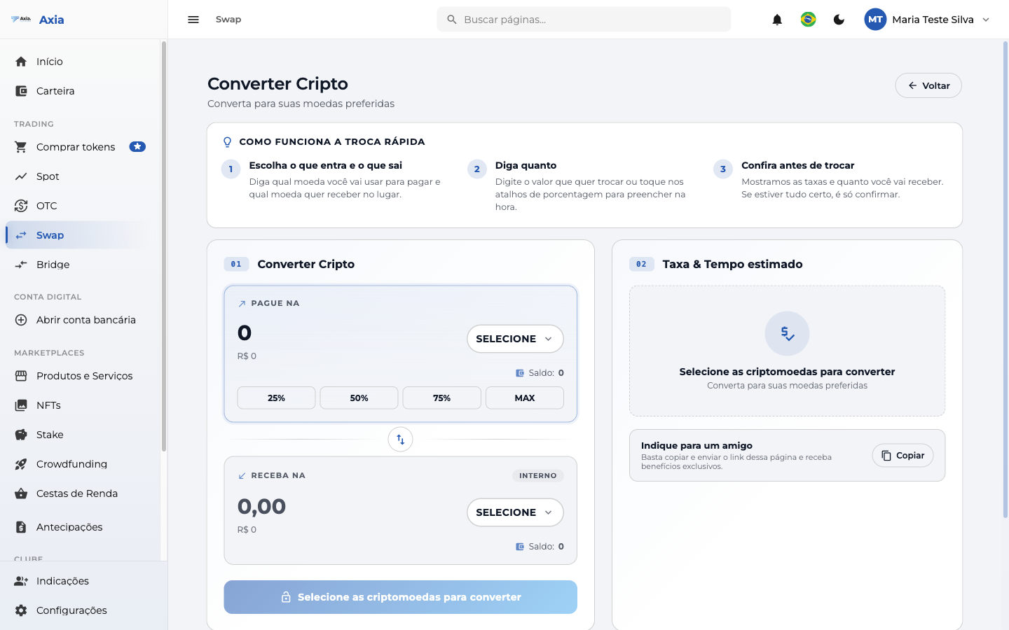 Tela de Swap (Converter Cripto)