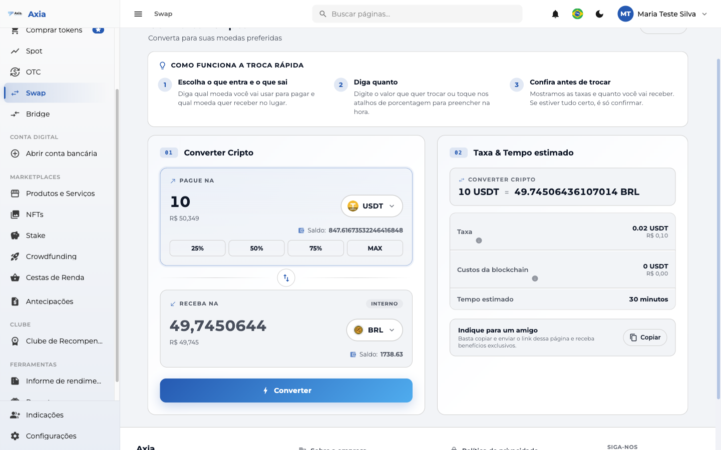 Swap preenchido com taxa e tempo estimado