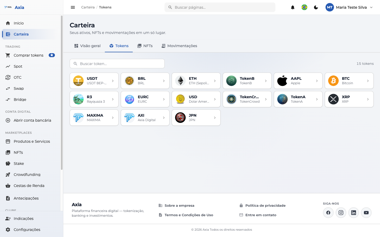 Aba Tokens da carteira, com a lista de ativos