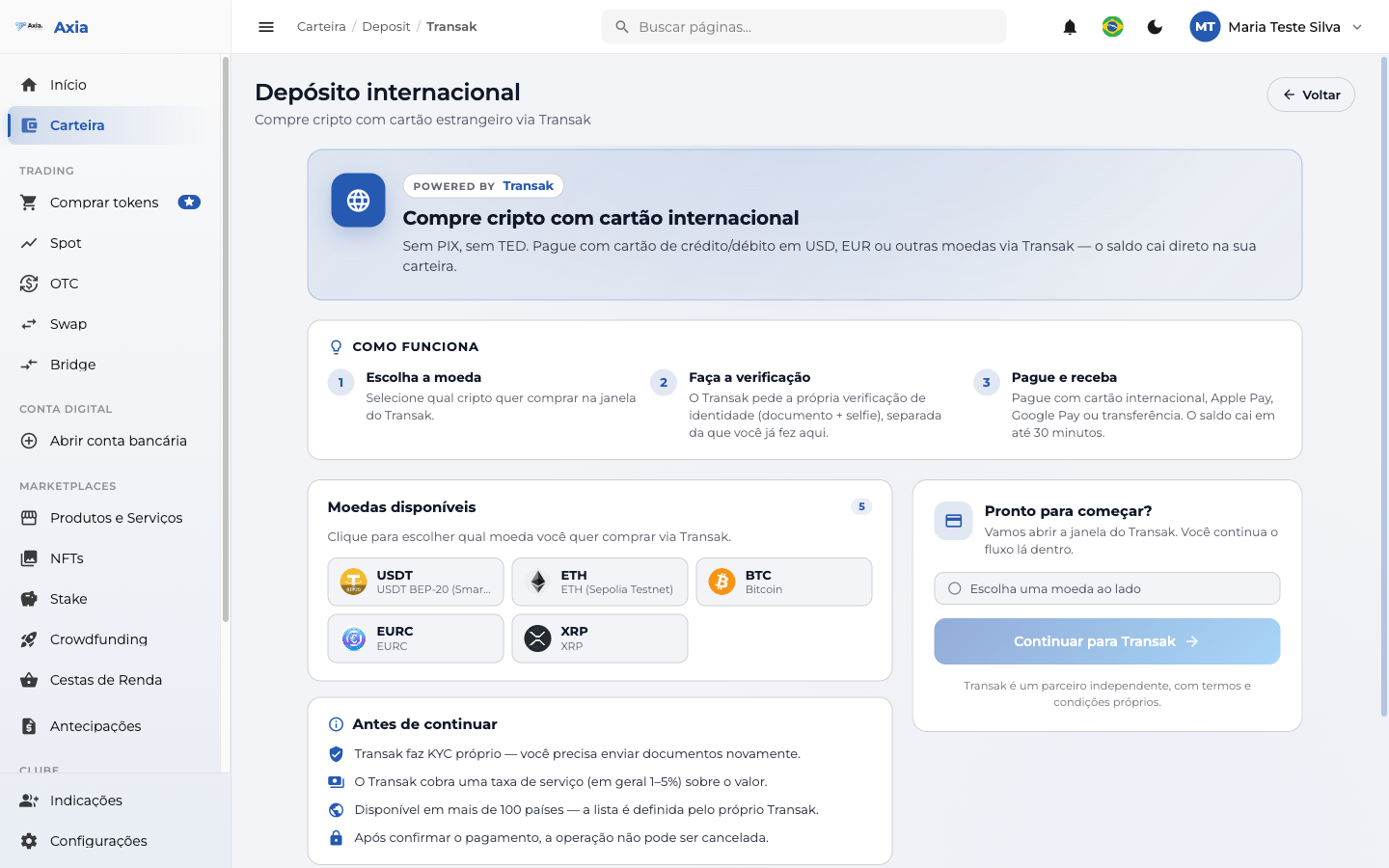 Tela de depósito internacional via Transak