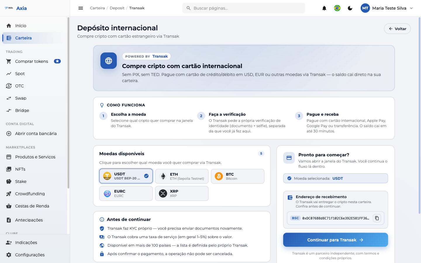 Moeda selecionada e endereço de recebimento