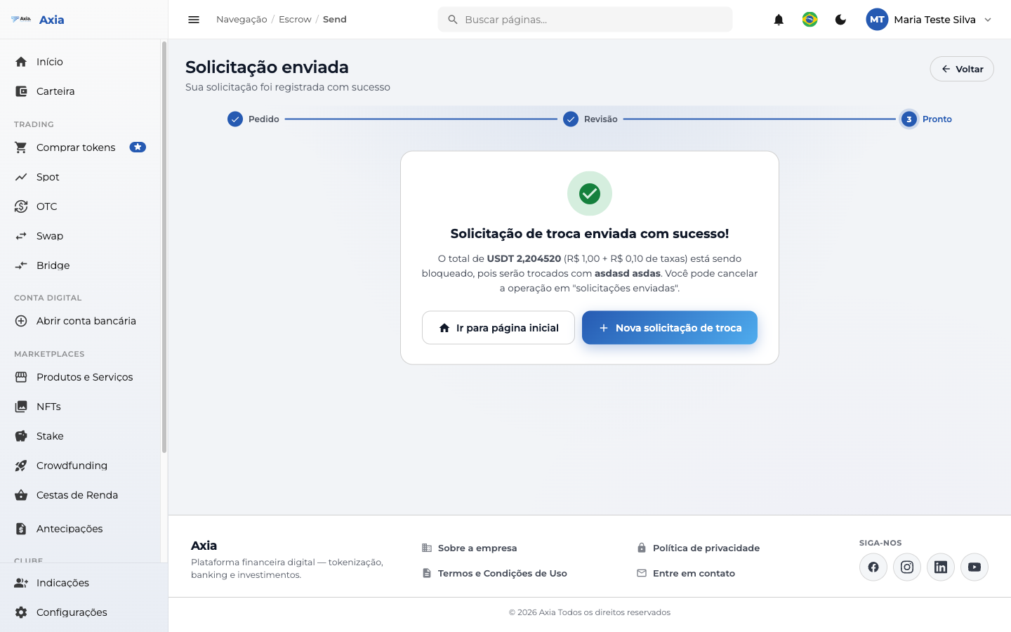 Solicitação de troca enviada com sucesso