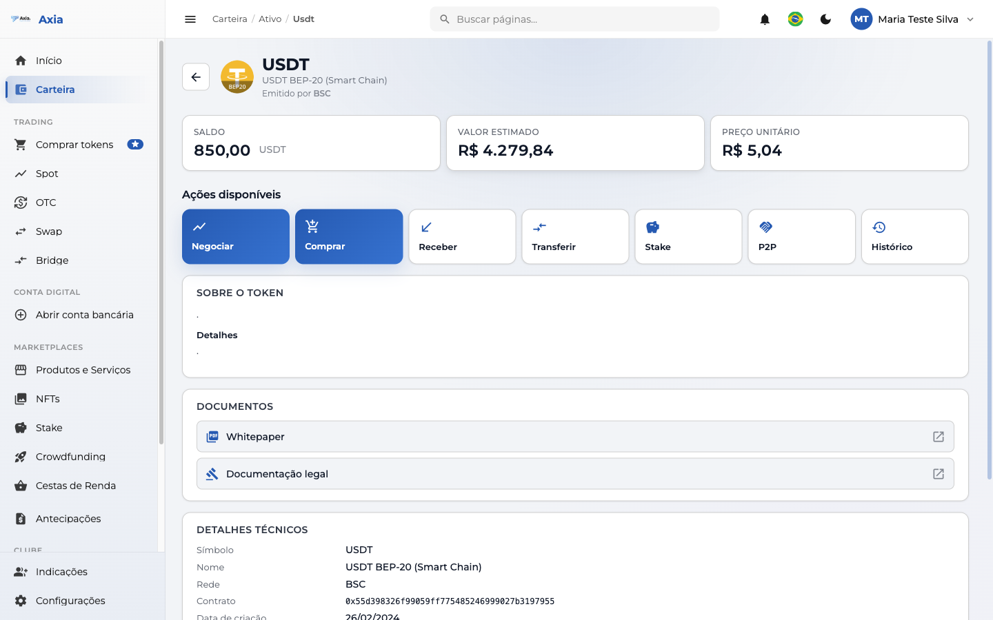 Detalhe do token (USDT)